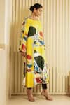 Saksham & Neharicka_Yellow Cotton Silk Hand Painted Print Square Neck Abstract Kurta _Online_at_Aza_Fashions