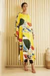 Buy_Saksham & Neharicka_Yellow Cotton Silk Hand Painted Print Square Neck Abstract Kurta _Online_at_Aza_Fashions