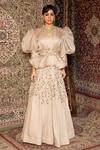 Ankur J_Beige Blouse Metallic Georgette, Lehenga Crepe Dori, Oat Nut Jacket And Set _Online_at_Aza_Fashions