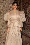 Shop_Ankur J_Beige Blouse Metallic Georgette, Lehenga Crepe Dori, Oat Nut Jacket And Set _Online_at_Aza_Fashions
