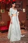 Ankur J_Blue Lehenga And Blouse Crepe Embroidery Floral V Neck Day Cran Bridal Set _Online_at_Aza_Fashions
