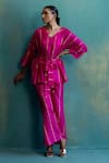 Buy_Shivani Bhargava_Pink Silk Printed Stripe V Neck Top And Pant Set _at_Aza_Fashions