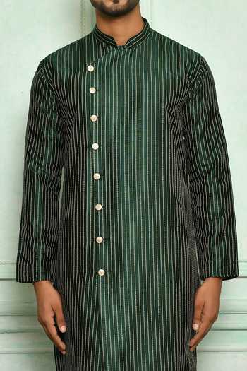 Shop_Adara Khan_Green Silk Linear Pattern Asymmetric Placket Kurta And Churidar _Online_at_Aza_Fashions