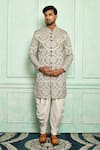 Buy_Adara Khan_Grey Sherwani Brocade Floral Pattern And Dhoti Pant Set_at_Aza_Fashions