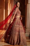 Nitika Gujral_Red Raw Silk Embroidered Floral V Neck Bridal Lehenga Set _Online_at_Aza_Fashions