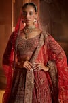 Buy_Nitika Gujral_Red Raw Silk Embroidered Floral V Neck Bridal Lehenga Set _Online_at_Aza_Fashions