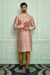 Buy_Pranay Baidya_Pink Chanderi Floral Print Kurta Set_at_Aza_Fashions
