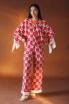 Buy_POZRUH_Red Pure Mulberry Silk Floral, Checks V Neck Orion Printed Kaftan Top_at_Aza_Fashions