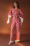 POZRUH_Red Pure Mulberry Silk Floral, Checks V Neck Orion Printed Kaftan Top_Online_at_Aza_Fashions