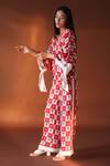 Shop_POZRUH_Red Pure Mulberry Silk Floral, Checks V Neck Orion Printed Kaftan Top_Online_at_Aza_Fashions