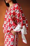 POZRUH_Red Pure Mulberry Silk Floral, Checks V Neck Orion Printed Kaftan Top_at_Aza_Fashions