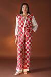 Buy_POZRUH_Red Pure Mulberry Silk Floral, Checks Janus Printed Trouser_at_Aza_Fashions