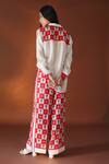 Shop_POZRUH_Red Pure Mulberry Silk Floral, Checks Janus Printed Trouser_at_Aza_Fashions