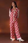 POZRUH_Red Pure Mulberry Silk Floral, Checks Janus Printed Trouser_Online_at_Aza_Fashions
