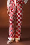 Shop_POZRUH_Red Pure Mulberry Silk Floral, Checks Janus Printed Trouser_Online_at_Aza_Fashions