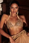 DILNAZ_Gold Net Embellished Diamonds Plunge V Neck Bikini Top  _at_Aza_Fashions