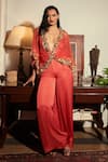 Buy_DILNAZ_Red Cotton Satin And Net Hand Embroidery Jumpsuit With Kaftan Top  _at_Aza_Fashions