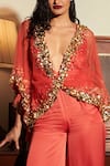 Shop_DILNAZ_Red Cotton Satin And Net Hand Embroidery Jumpsuit With Kaftan Top  _at_Aza_Fashions