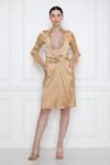 Buy_DILNAZ_Gold Pure Silk Satin Hand Embellished Feathers Draped Shirt Dress  _Online_at_Aza_Fashions