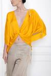 Shop Dilnaz Yellow Cotton Satin Plunge V Neck Twist Kaftan Top Online at Aza Fashions Shop_Dilnaz_Yellow Cotton Satin Plunge V Neck Twist Kaftan Top_Online_at_Aza_Fashions