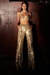 Buy_DILNAZ_Gold Power Net Hand Embellished Sequins Disco Trouser  _at_Aza_Fashions