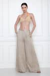 DILNAZ_Grey Satin Linen Hand Embellished Beads Flared Trouser  _Online_at_Aza_Fashions