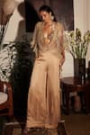 Buy_DILNAZ_Gold Satin Linen Hand Embellished Beads Flared Trouser  _at_Aza_Fashions