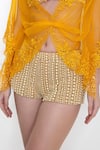 Shop_DILNAZ_Gold Power Net Hand Embellished Pearls Shorts _at_Aza_Fashions