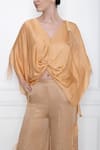 DILNAZ_Gold Cotton Satin Solid V Neck Twist Kaftan Top  _Online_at_Aza_Fashions