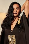 Shop_DILNAZ_Black Cotton Satin Hand Embellished Sequins Plunge V Neck Kaftan  _Online_at_Aza_Fashions