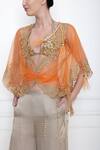 Shop_Dilnaz_Orange Net Pearl, Feathers Plunge V Neck Twist Kaftan Top _at_Aza_Fashions