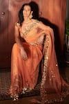 Shop_DILNAZ_Orange Net And Polyester Satin Embroidery Sequin Border Saree  _Online_at_Aza_Fashions