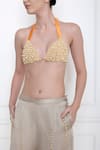 DILNAZ_Orange Net And Polyester Satin Embellished Pearls Halter Neck Bustier _Online_at_Aza_Fashions