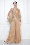 Buy_Dilnaz_Gold Net Kasab And Pearl V Neck Sheer Draped Kaftan Top_at_Aza_Fashions