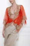 Dilnaz_Red Net Kasab And Pearl V Neck Sheer Draped Kaftan Top_Online_at_Aza_Fashions