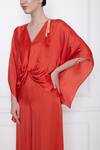 Dilnaz Red Cotton Satin V Neck Front Twist Kaftan Top With Jumpsuit Online at Aza Fashions Dilnaz_Red Cotton Satin V Neck Front Twist Kaftan Top With Jumpsuit_Online_at_Aza_Fashions
