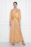 Buy_DILNAZ_Gold Cotton Satin V Neck Front Twist Kaftan Top With Jumpsuit  _at_Aza_Fashions