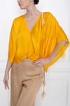 DILNAZ_Yellow Cotton Satin V Neck Kaftan Style Top  _Online_at_Aza_Fashions