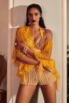 Buy_Dilnaz_Yellow Net Resham V Neck Sheer Draped Kaftan Top_at_Aza_Fashions