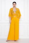 Dilnaz_Yellow Net Resham V Neck Sheer Draped Kaftan Top_Online_at_Aza_Fashions