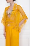 Buy_Dilnaz_Yellow Net Resham V Neck Sheer Draped Kaftan Top_Online_at_Aza_Fashions