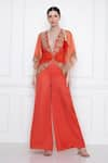 Buy_DILNAZ_Red Cotton Satin And Net Embroidery Wide Legged Jumpsuit With Kaftan Top  _at_Aza_Fashions