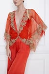 DILNAZ_Red Cotton Satin And Net Embroidery Wide Legged Jumpsuit With Kaftan Top  _Online_at_Aza_Fashions