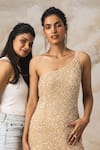 COUTURE BY NIHARIKA_Peach Georgette Embroidery Bugle Beads One Shoulder Gown  _Online_at_Aza_Fashions