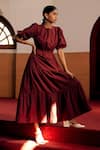 Buy_Cord_Maroon Poplin Plain Round Audrey Tiered Dress _at_Aza_Fashions