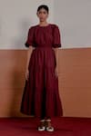 Cord_Maroon Poplin Plain Round Audrey Tiered Dress _Online_at_Aza_Fashions