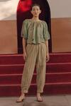 Buy_Cord_Green 100% Cotton Botanical Print And Lace Work Round Rose Crop Top _at_Aza_Fashions