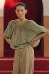 Shop_Cord_Green 100% Cotton Botanical Print And Lace Work Round Rose Crop Top _at_Aza_Fashions
