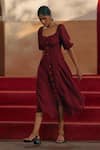 Shop_Cord_Maroon Linen Ella Sleeve Embroidered Dress_Online_at_Aza_Fashions