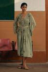 Buy_Cord_Green Linen Botanical Print V Neck Juliet Dress_at_Aza_Fashions